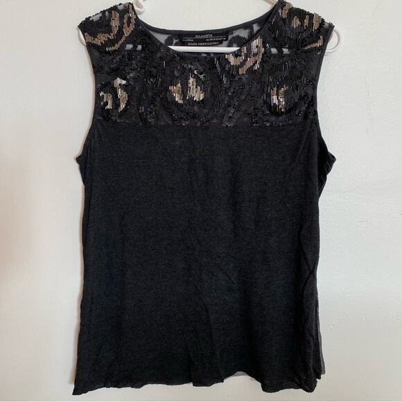 AllSaints x Revolve Beaded top Womens Size 6 Hand Embellished Sequin Sheer Sexy - Picture 2 of 8